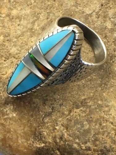 Navajo Multi-Color Opal & Turquoise Inlay Ring | Sterling Silver | Sz 8 | Authentic Native American Handmade | 01593