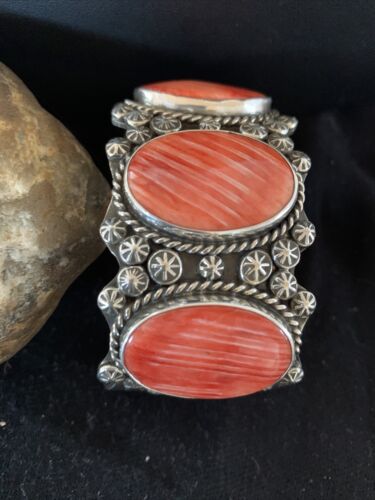 Navajo Red Spiny Oyster Cuff Bracelet | Sterling Silver | Authentic Native American Handmade | 01107