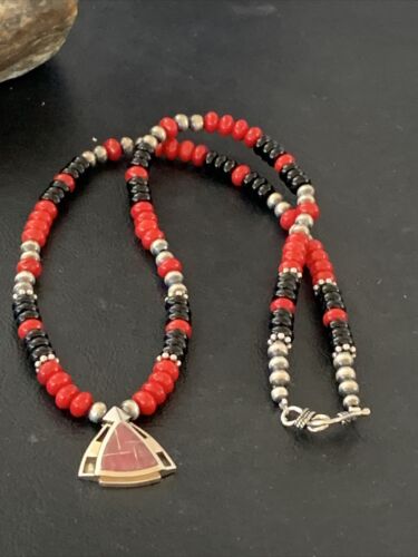 Navajo Pearls Necklace Pendant | Sterling Silver Onyx & Coral Inlay | Authentic Native American Handmade | 1930