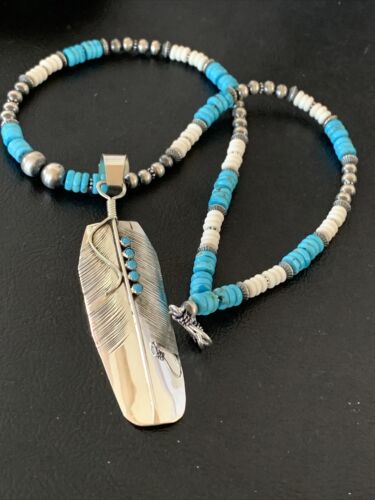 Navajo Turquoise Multi-Stone Feather Pendant | Authentic Native American Sterling Silver | Handmade | 3.5" | 02133