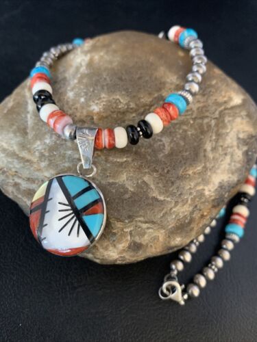 Zuni Multi-Color Turquoise Onyx Necklace | Sterling Silver Inlay Pendant | Authentic Native American Handmade | 13800