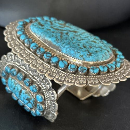 Handmade Native American Blue Kingman Turquoise Cuff Bracelet | Sterling Silver | 14223