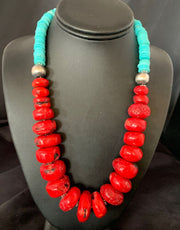 Navajo Red Coral & Turquoise Bead Necklace | Sterling Silver | Authentic Native American | 21" | 13163