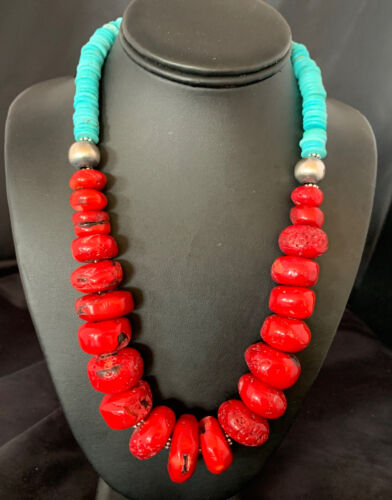 Navajo Red Coral & Turquoise Bead Necklace | Sterling Silver | Authentic Native American | 21" | 13163