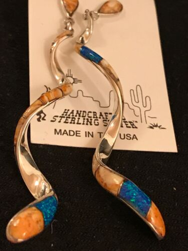 Navajo Snake Swirl Spiny Opal Inlay Sterling Silver Earrings | Long 3.25" Dangle | Southwestern Native American | 1059