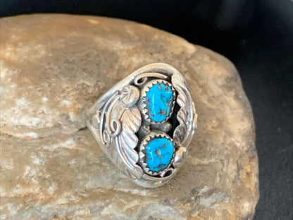 Navajo Blue Kingman Turquoise Feather Ring | Authentic Native American Sterling Silver | Multi-Stone | Sz 11.5 | 12222