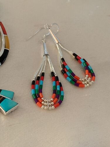 Handmade Liquid Silver Heishi Dangle Earrings | Turquoise Coral | Sterling Silver | 2" | 2001