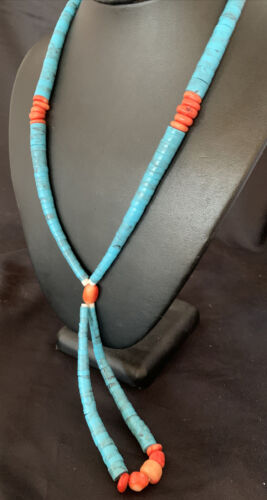Southwestern Santo Domingo Pink Coral Blue Turquoise Jacla Necklace | 20" | Authentic Native American Handmade | 12516