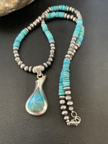 Navajo Pearl Necklace with Blue Turquoise Pottery Pendant | Sterling Silver | Authentic Native American Handmade | 12502