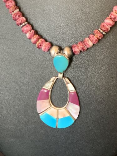 Navajo Sterling Silver Necklace | Turquoise & Purple Spiny Oyster Inlay Pendant Set | 18" | 12331