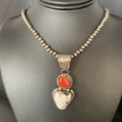 Navajo White Buffalo Turquoise Coral Pendant | Sterling Silver | Multi-Stone Necklace | 13578