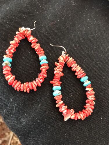 Navajo Sterling Silver Turquoise Spiny Oyster Earrings | 2" | Authentic Native American Handmade | 2038