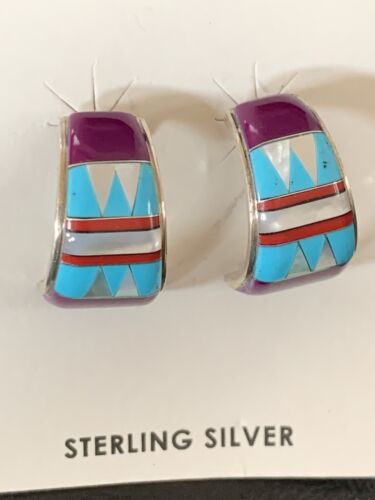 Navajo Turquoise Purple Sugilite Mother of Pearl Dangle Inlay Earrings | Sterling Silver | 12909