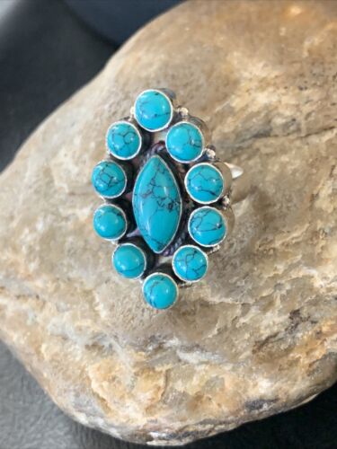 Navajo Blue Turquoise Cluster Ring | Authentic Native American Sterling Silver | Multi-Stone | Sz 8 | 12306