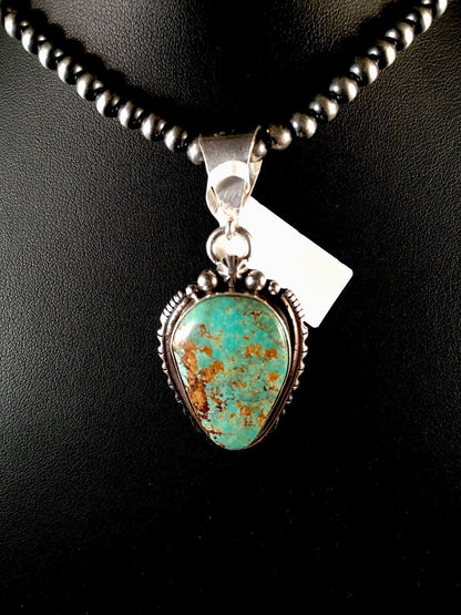 Navajo Turquoise #8 Pendant with Pearls | Sterling Silver Necklace | Authentic Native American Handmade | 8678
