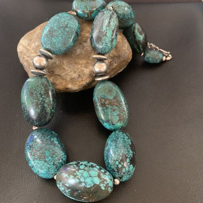 Chunky Navajo Pearl Graduated Turquoise Necklace | Sterling Silver | Authentic Native American Jewelry | 21" | 11904