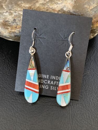 Navajo Multi-Color Turquoise Spiny Opal Inlay Earrings | Sterling Silver | 1.5" | 12999