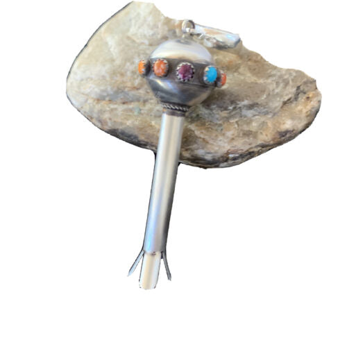 Navajo Blue Turquoise Multi-Color Naja Pendant | Sterling Silver | Authentic Native American Handmade | 01156