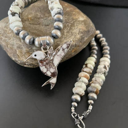 Navajo Hummingbird Inlay Necklace Pendant | Sterling Silver | Wild Horse Turquoise Inlay | 11345