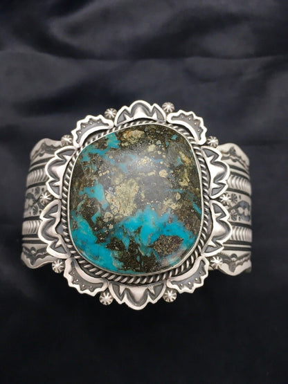 Navajo Bisbee Turquoise Cuff Bracelet | Sterling Silver | Authentic Native American Handmade | 1023