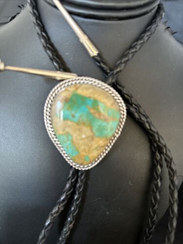 Navajo Green Royston Turquoise Bolo Tie | Sterling Silver | Authentic Native American Handmade | 14520 - Masha USA