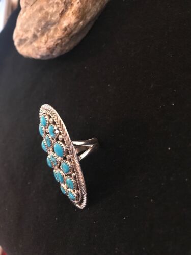 Navajo Kingman Turquoise Cluster Ring | Authentic Native American Sterling Silver | Multi-Stone | Sz 7.5 | 8392
