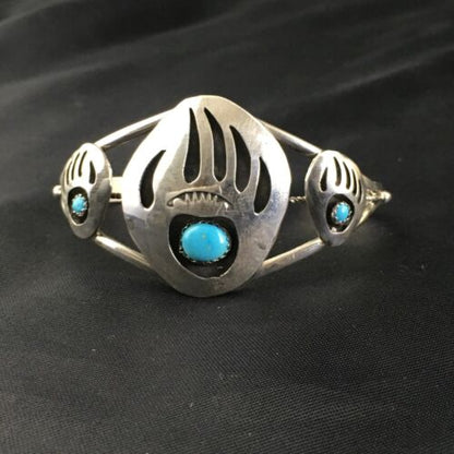 Navajo Turquoise Bear Paw Cuff Bracelet | Sterling Silver | Authentic Native American Handmade | 10242
