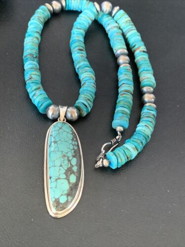 Navajo Pearls Spiderweb Beads Turquoise Necklace Pendant | Sterling Silver | Authentic Native American | Graduated | 22" | 10222