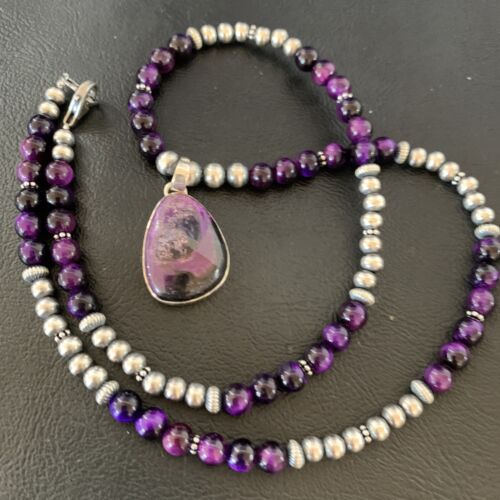 Navajo Pearls Necklace with Purple Sugilite and Onyx Pendant | Sterling Silver | 13394