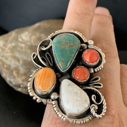 Navajo Blue Kingman Turquoise and Spiny Oyster Ring | Authentic Native American Sterling Silver | Multi-Stone | Sz 12.5 | 02163 - Masha USA