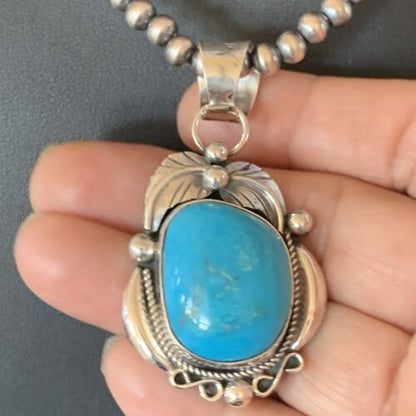 Men's Navajo Pearls Necklace with Blue Kingman Turquoise Pendant | Sterling Silver | Native American Handmade | 12593