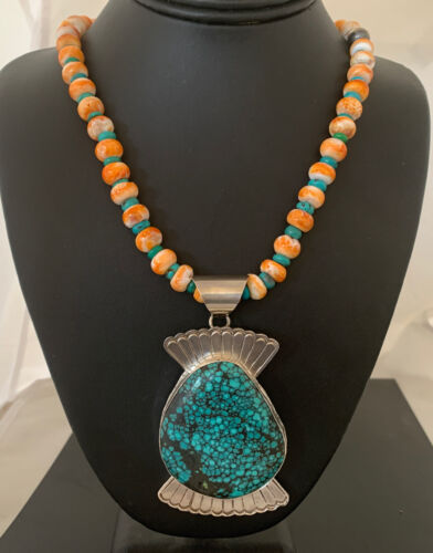 Navajo Spiny Oyster & Spiderweb Turquoise Necklace | Sterling Silver | Authentic Native American Handmade | 1757