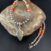 Navajo Red Spiny Oyster & Green Turquoise Pendant Necklace | Sterling Silver | Authentic Native American Handmade | 13619