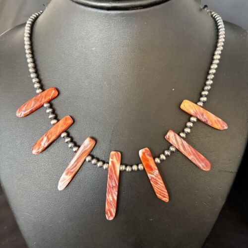 Navajo Spiny Oyster Stick Bead Necklace | Sterling Silver | 20" | Authentic Native American Handmade | 14328