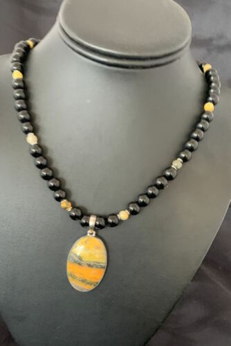 Men's Navajo Pearls Onyx Bumblebee Jasper Necklace Pendant | Sterling Silver | Native American Handmade | 10323