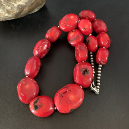 Navajo Red Coral Bead Necklace | Sterling Silver | 22" | Authentic Native American Handmade | 13406 - Masha USA