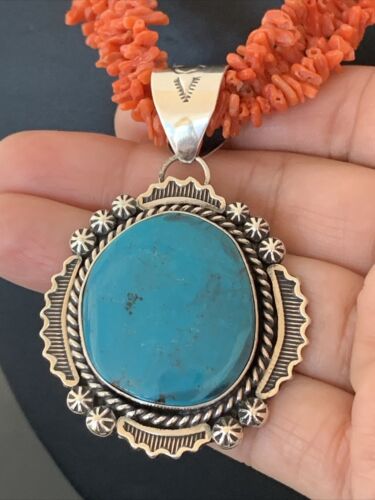 Navajo Sterling Silver Coral Bead Necklace | Turquoise Pendant | Multi-Strand 21" | 00766