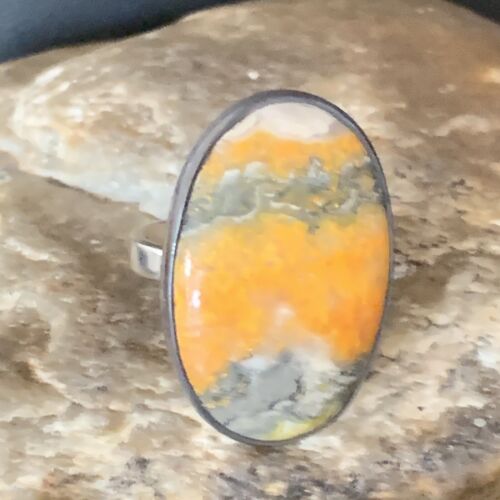 Navajo Yellow Bumble Bee Jasper Ring | Sterling Silver | Sz 8 Adjustable | Authentic Native American Handmade | 14020