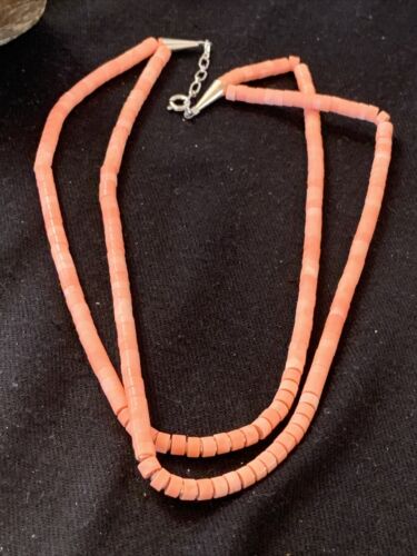 Navajo Pink Coral 2 Strand Heishi Bead Necklace | Sterling Silver Tube | 16" | Authentic Native American | 00758