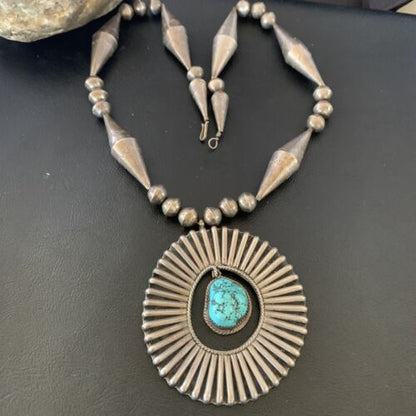 Navajo Old Pawn Blue Kingman Turquoise Pendant | Sterling Silver | 22" Necklace | 10399