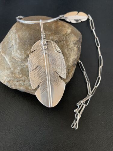 Men's Navajo Feather Choker Necklace Set | Sterling Silver Pendant | Native American Handmade | Begay | 21" | 02154