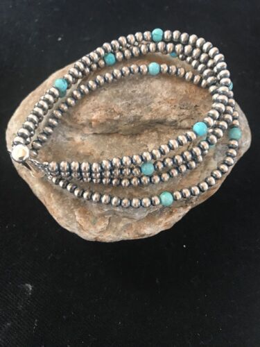 Navajo Pearls  Blue Turquoise Bracelet | 4-Strand | Sterling Silver | Authentic Native American