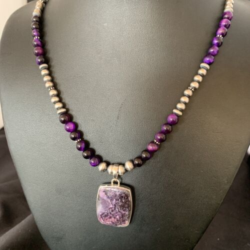 Navajo Pearls Purple Sugilite Onyx Necklace Pendant | Sterling Silver | Authentic Native American Handmade | 13395