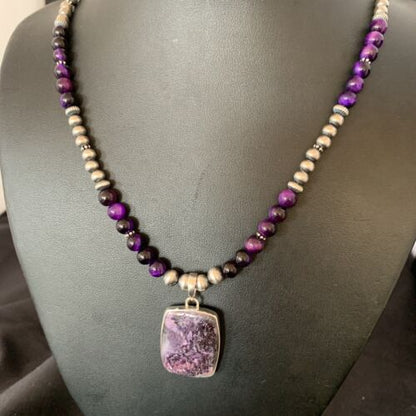 Navajo Pearls Purple Sugilite Onyx Necklace Pendant | Sterling Silver | Authentic Native American Handmade | 13395