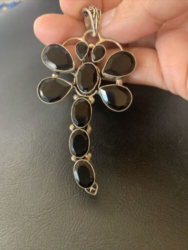 Navajo Dragonfly Pendant | Faceted Black Onyx Gems Cluster | Authentic Native American Sterling Silver | Multi-Stone | 3" | 12739