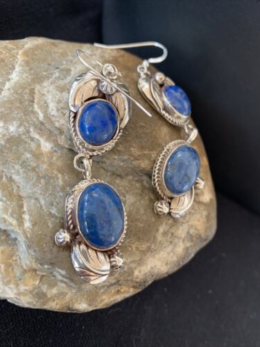 Native American Navajo Denim Lapis Dangle Earrings | Sterling Silver | 2" | 1679