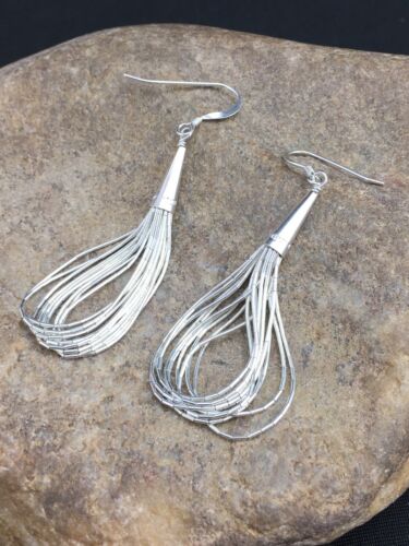 Native American Authentic Sterling Silver Liquid Heishi Dangle Earrings | 2" | 1141