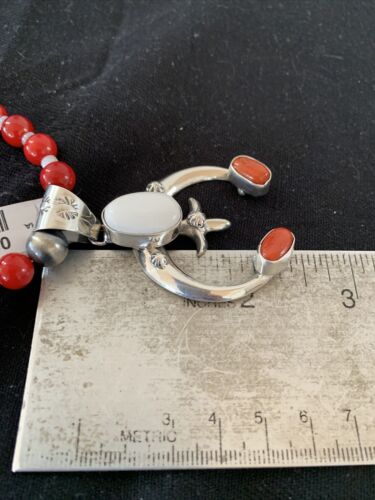 Navajo Sterling Silver Naja Pendant Necklace | White Buffalo Turquoise & Coral | Authentic Native American Handmade | 1433