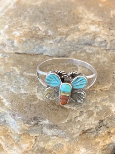 Navajo Blue Turquoise Butterfly Ring | Authentic Native American Sterling Silver | Multi-Stone | Sz 7.5 | 10785