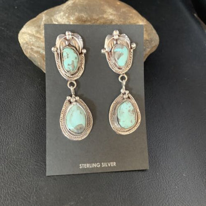 Navajo Blue Dry Creek Turquoise Post Dangle Earrings | Sterling Silver | Authentic Native American Handmade | 13816